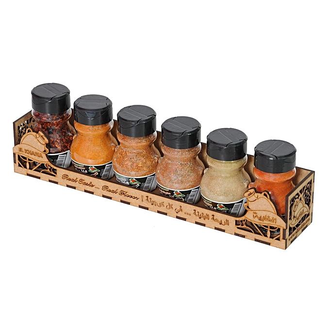 spices in wooden box of 6 jars