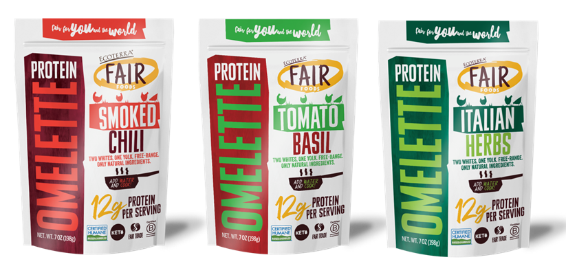 Ecoterra Protein Omelettes (24gr of Egg-white protein per serving) 3 different flavours.  Open for product development with key-partners.