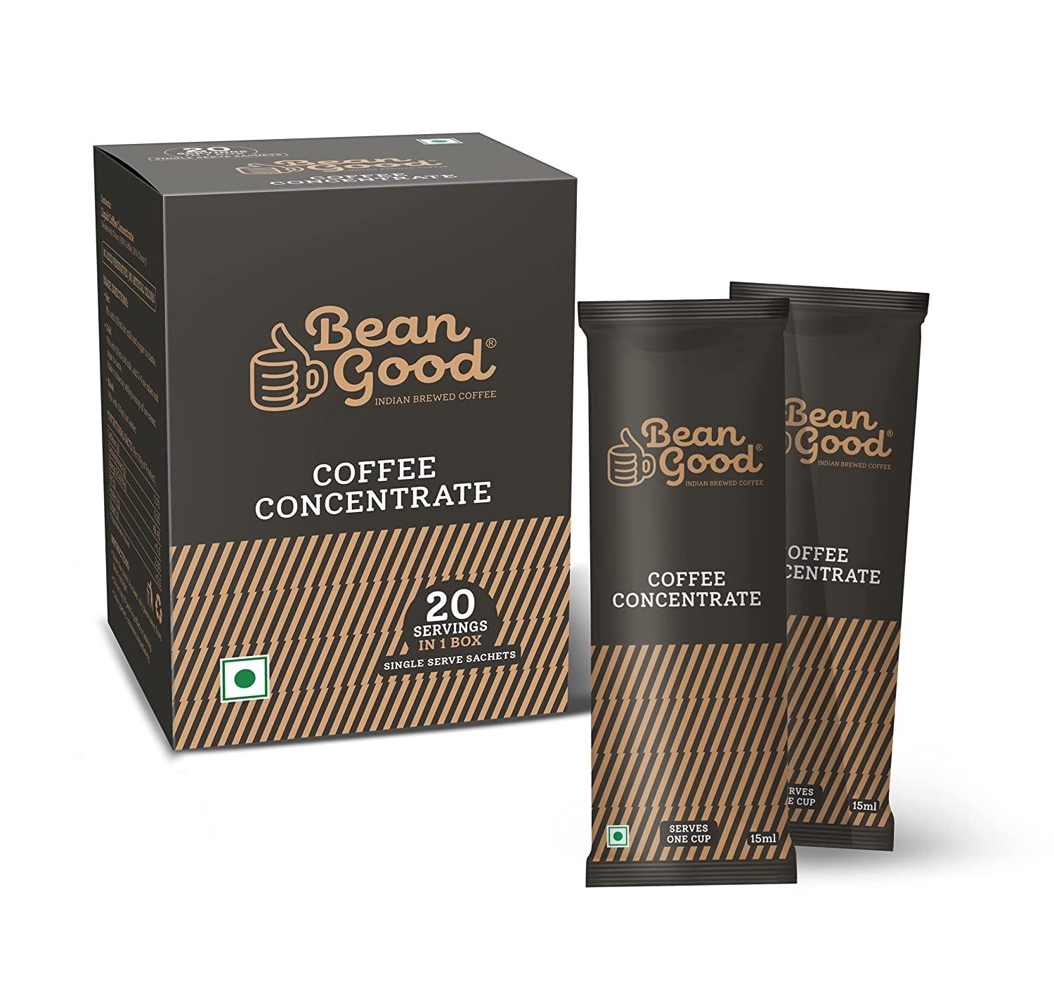 Bean Good Indian Brewed Coffee Concentrate – Serves 20 Cups - 300ml (15ml single serve sachet x 20)- Instant South Indian Filter Coffee Decoction - 80% Coffee & 20% Chicory Blend - Just Add Water / Milk / Sugar, Brown