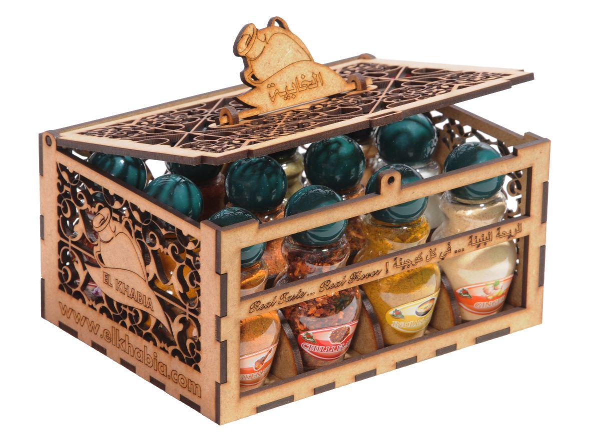 spices in wooden box of 12 jars